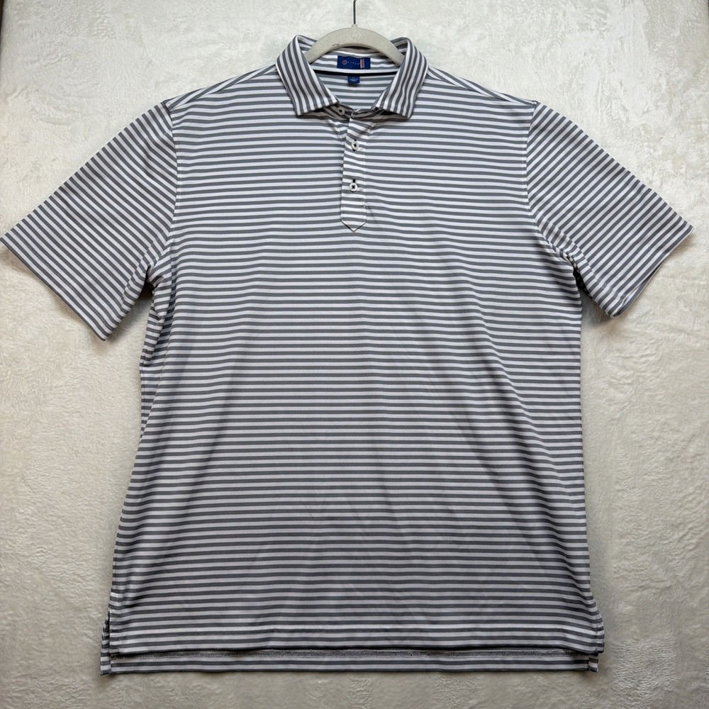 Stitch Golf Polo‎ Shirt Gray White Striped Mens Large Performance Preppy